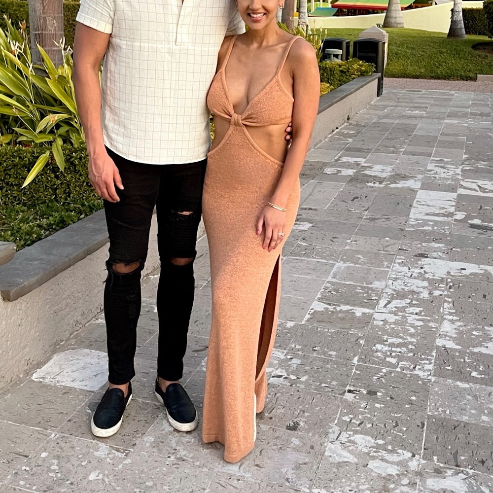 Miss Lola Tan Knit Cut-out Maxi Dress - Picture 2 of 6